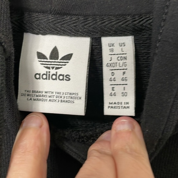 Vintage Adidas Trifold Black Logo Hooded Kangaroo Pockets Sweatshirt Sz Large - Picture 2 of 8
